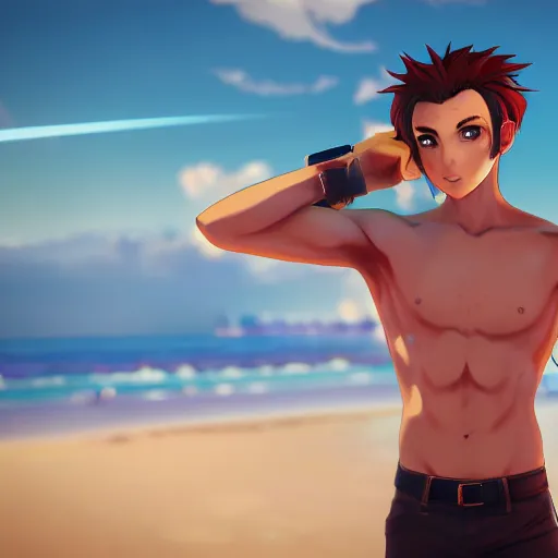 Prompt: Handsome Anime man on the beach, cinematic lightning, medium shot, mid-shot, highly detailed, trending on artstation, Unreal Engine 4k,