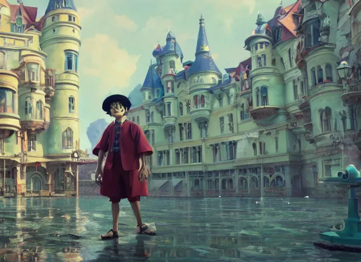 Prompt: a film still of cosplay of luffy in the grand budapest hotel ( 2 0 1 4 ), artwork by craig mullins, octane, unreal, trending on art station