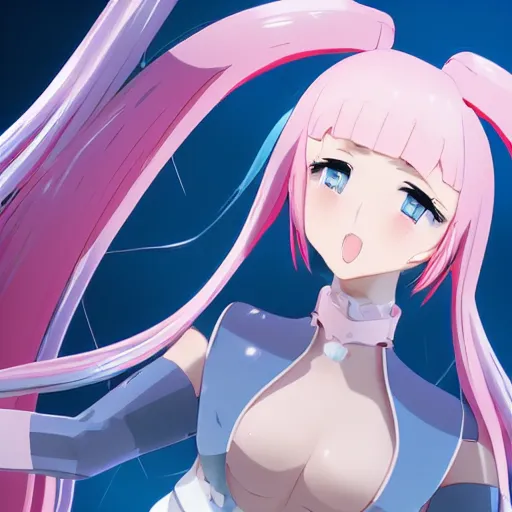 Image similar to viewed from the ground in a low angle, stunningly beautiful omnipotent megalomaniacal anime goddess with porcelain skin, pink twintail hair and mesmerizing cyan eyes, symmetrical perfect face smiling in a mischievous, devious and haughty way while looking down upon the viewer, mid view, hyperdetailed, 2 d, 8 k