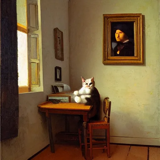 Image similar to a cozy little office nook with a cat in it, dmitry spiros, leonardo da vinci, jacques - louis david, johannes vermeer, 8 k, wide angle,