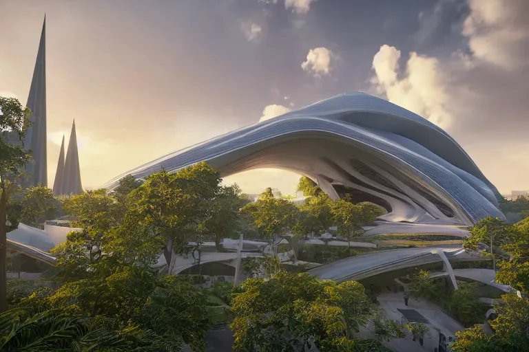 Prompt: a stunningly detailed cathedral designed by Zaha Hadid surrounded by a lush green forest, stunning volumetric lighting, sunset, metal, concrete, glass, stunning skies, trending on Artstation, 8k, photorealistic, hyper detailed, unreal engine 5, IMAX quality, cinematic, epic lighting, in the style of Greg Rutkowski