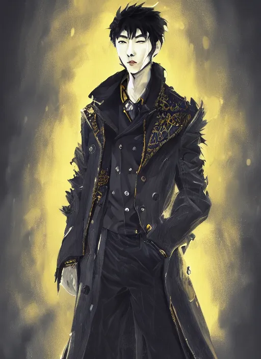 Image similar to a highly detailed illustration of young attractive japanese guy wearing black detective coat, yellow eyes, dramatic standing pose, hyperdetailed perfect face, intricate, elegant, highly detailed, centered, digital painting, artstation, concept art, smooth, sharp focus, league of legends concept art, wlop.