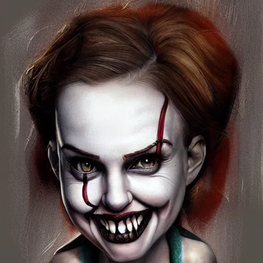 Image similar to surrealism grunge cartoon portrait sketch of natalie portman with a wide smile by - michael karcz, loony toons style, pennywise style, horror theme, detailed, elegant, intricate