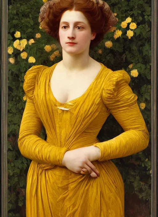 Prompt: portrait of jemma channing, wearing yellow ochre, preraphaelite colour photography by frederic leighton, 8 k