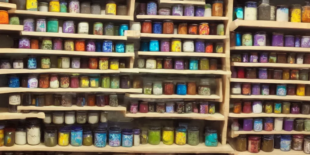 Prompt: a shelf full of colorful jars containing souls of the damned