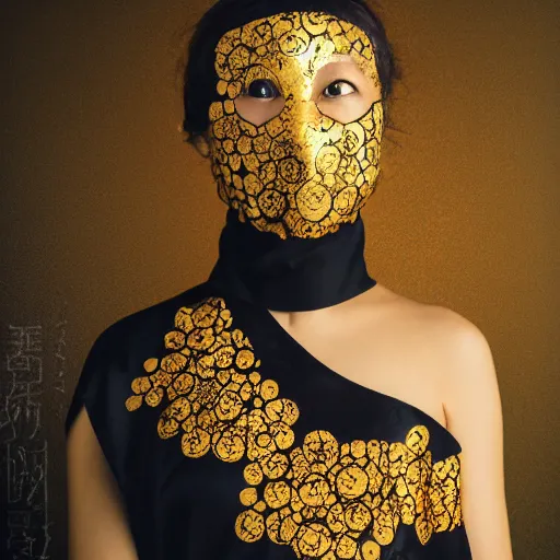 Image similar to japanese female black balaclava mask with golden necklace and open kimono, art noveau, fresco by michaelangelo, photo portrait, beautiful female model, tokyosky, female sitting on skyscreapper, rain, city neon light, bokeh, long exposure, kodak promax 4 0 0, sony lens, golden fractals and dmt