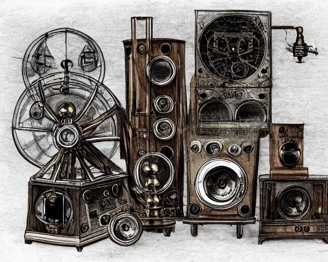 Image similar to steampunk mechanical hifi stereo system sketch by leonardo da vinci