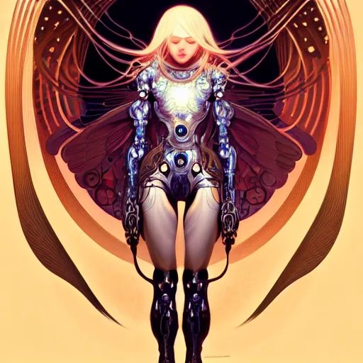 Image similar to A cybernetic girl with blonde hair, glowing halo, huge highly detailed intricate wings, art nouveau, fantasy, intricate, elegant, highly detailed, digital painting, artstation, concept art, smooth, sharp focus, illustration, art by Krenz Cushart and Artem Demura and alphonse mucha