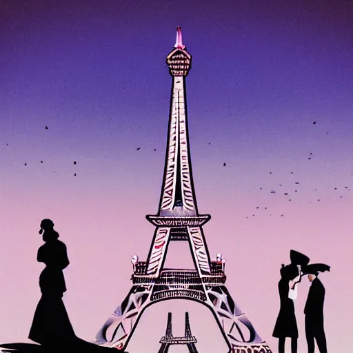 Image similar to synthwave version of 1 9 th century paris, eiffel tower on the background, people wearing glowing victorian clothes