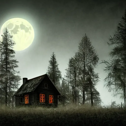 Image similar to dark forest with scary wooden house, full moon, cinematic scene