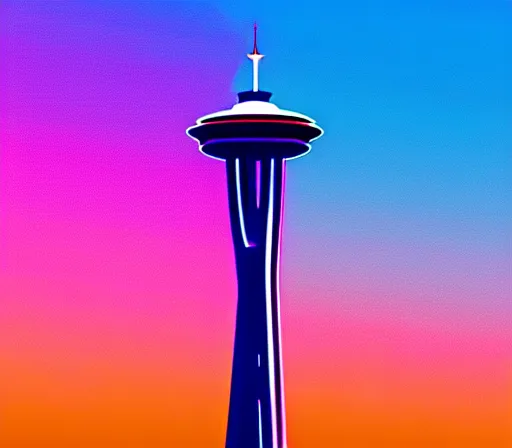 Image similar to a beautiful and immaculate balanced vaporwave ombre scene depicting outrun style seattle and the space needle