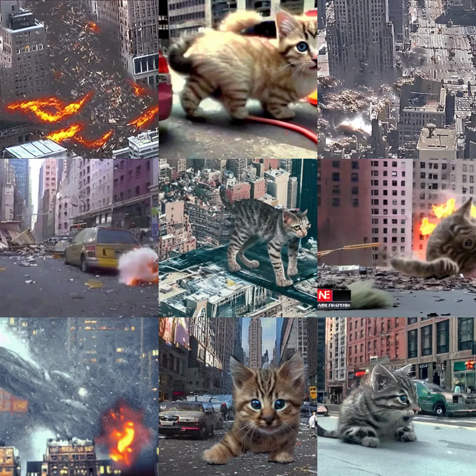 Prompt: still of a huge giant massive kitten destroying nyc in destructive rampage, disaster footage