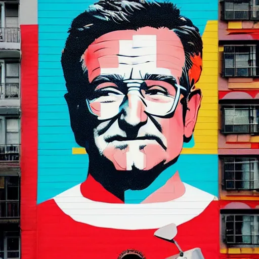 Image similar to robin williams street art mural by sachin teng x supreme : 1 high contrast, hard edges, matte painting, geometric shapes, marijuana, masterpiece : 1