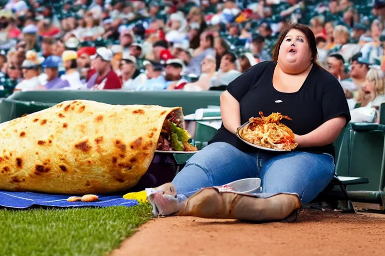 Image similar to obese woman eating a giant burrito sitting at a baseball game, photograph,