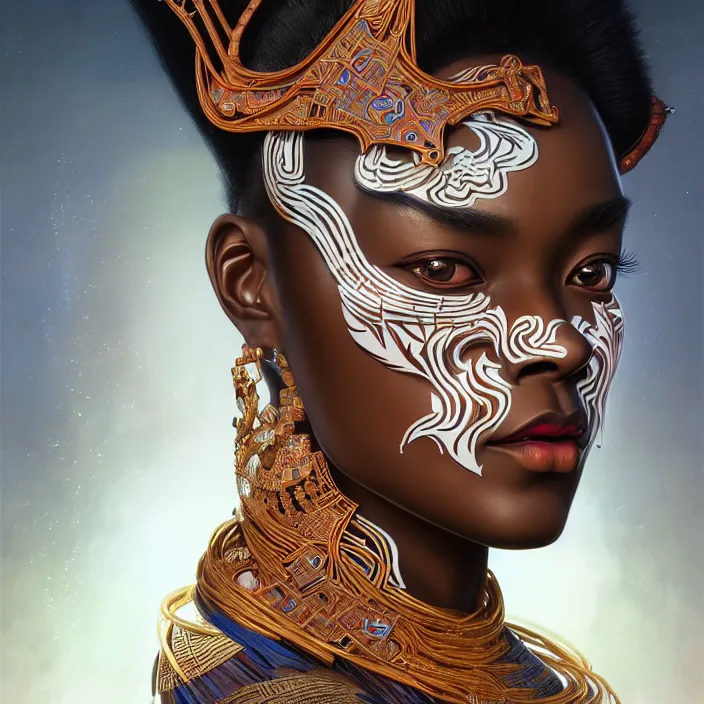 Image similar to symmetry! portrait of a hybrid african woman, face decorated with chinese opera motifs, leds horizon zero dawn machine, intricate, elegant, highly detailed, digital painting, artstation, concept art, smooth, sharp focus, illustration, art by artgerm and greg rutkowski and alphonse mucha, 8 k