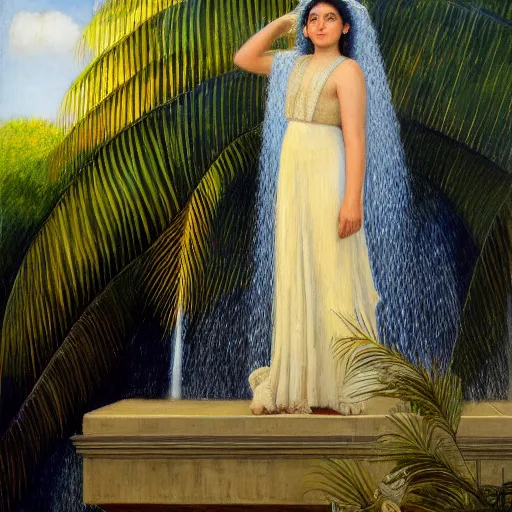 Image similar to a ultradetailed beautiful painting of lorde standing in front of the diamonds waterfall in the amazonas palace balustrade designed by jules bastien - lepage, tarsila do amaral, frank weston and gustave baumann, beach, trending on artstation, mediterranean, palm trees, sharp focus, soft light, 8 k 4 k