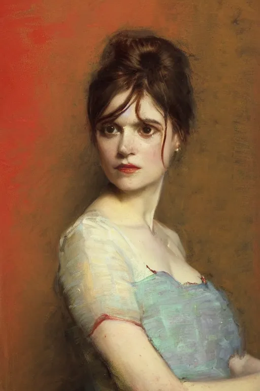 Prompt: Solomon Joseph Solomon and Richard Schmid and Jeremy Lipking victorian genre painting full length portrait painting of a young beautiful woman victorian socialite , red background