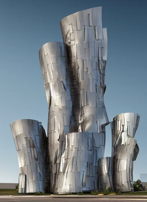 Image similar to highly detailed realistic architecture 3 d render of a futurisctic stele in frank gehry style made from atom models standing near a highway, archdaily, made in unreal engine 4 octane render