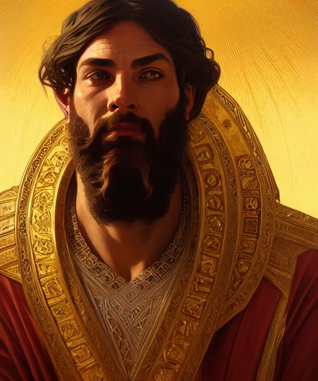 Prompt: portrait of biblical king of babylon, intricate, headshot, highly detailed, digital painting, artstation, concept art, sharp focus, cinematic lighting, illustration, art by artgerm and greg rutkowski, alphonse mucha, cgsociety