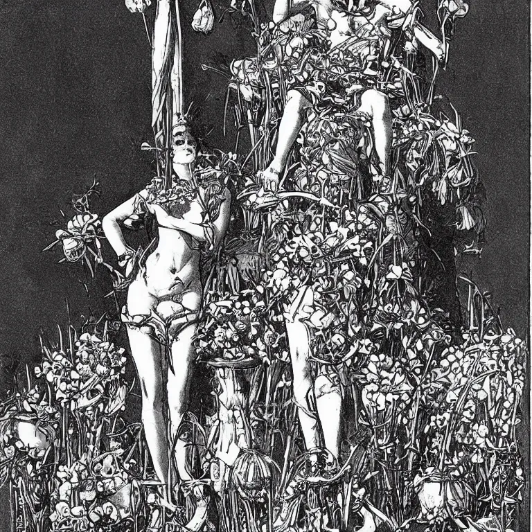 Image similar to a walther caspari illustration in lustige blatter in 1 8 9 9 of a young goddess, sitting on a conical!!!! pile! of small skulls with huge flowers on tall stalks behind her, manga style of kentaro miura