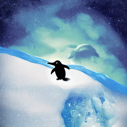 Prompt: a penguin swimming on the earth's atmosphere