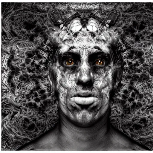 Image similar to dramatic matte portrait painting of man with black mandelbrot fractal instead of face, horror, body horror, dark art,