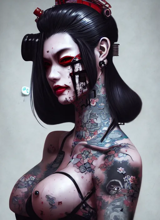 Image similar to geisha yakuza gothic cyborg cyberpunk gutter punk, urban decay, decay, underworld, dark art, highly detailed, digital painting, octane render, artstation, concept art, smooth, sharp focus, illustration, art by artgerm, loish, wlop