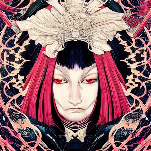 Image similar to portrait of crazy sia kate isobelle furler samurai and vampire, symmetrical, by yoichi hatakenaka, masamune shirow, josan gonzales and dan mumford, ayami kojima, takato yamamoto, barclay shaw, karol bak, yukito kishiro