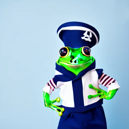 Image similar to frog wearing a sailor suit, studio photography,