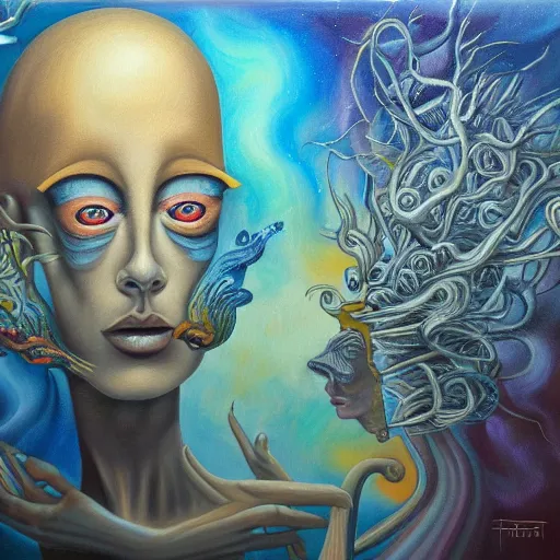 Image similar to psychosis in oil paint, surrealist intricate highly detailed at, astral ethereal, trending on art station, masterpiece, visionary art