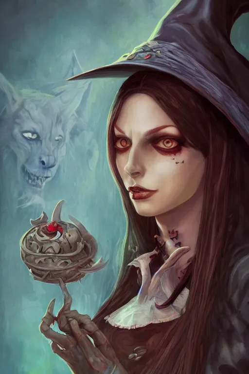 Image similar to portrait of a witch, american mcgee's alice, sharp focus, artstation, trending, by julie dillon, luis melo, tyler miles lockett, lei jin, hong lei, ken wong, adam narozanski, joy ang