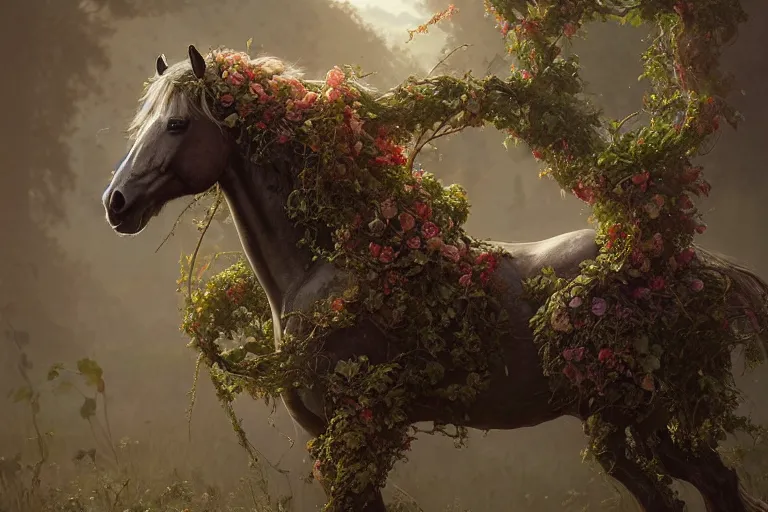 Image similar to a stunning horse with a mane of vines and flowers by greg rutkowski, high key lighting, volumetric light, digital art, highly detailed, fine detail, intricate, ornate, complex, octane render, unreal engine, photorealistic