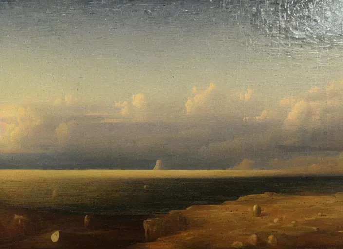 Image similar to mare tranquillitatis on the moon, earth in the background in the style of hudson river school of art, oil on canvas