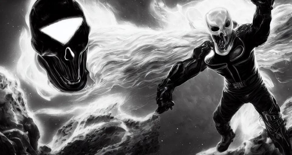 Prompt: the space ghost rider, 8 k, very high resolution, photo, greg rutkowski, black and white, processing, extremely hyperdetailed