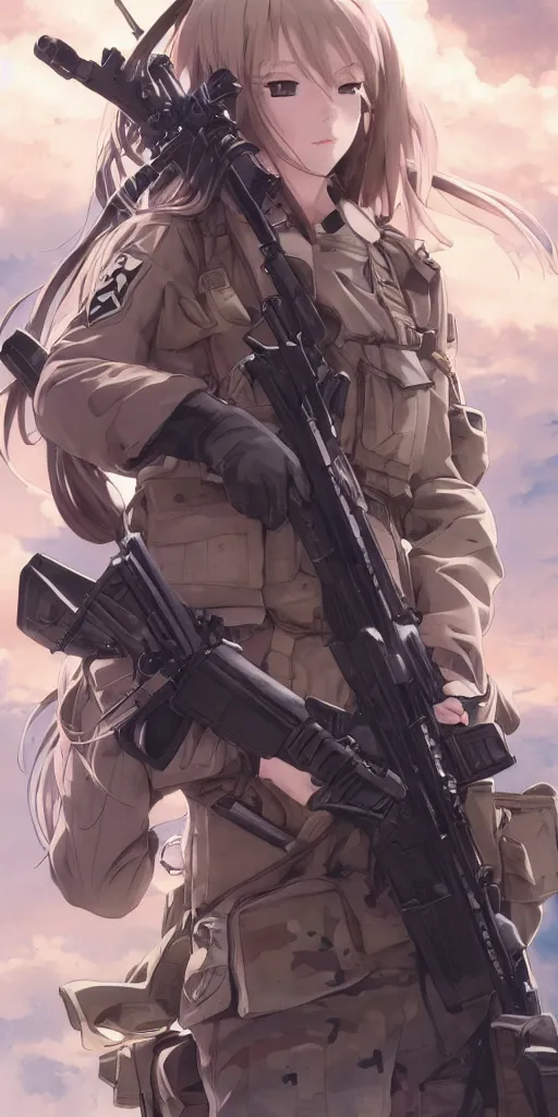 Prompt: infantry girl, anime style, long hair, hair down, symmetrical facial features, from girls frontline, hyper realistic, pale skin, 4 k, rule of thirds, extreme detail, detailed drawing, trending artstation, hd, special forces, trading card, by alphonse mucha, greg rutkowski, sharp focus, backlit