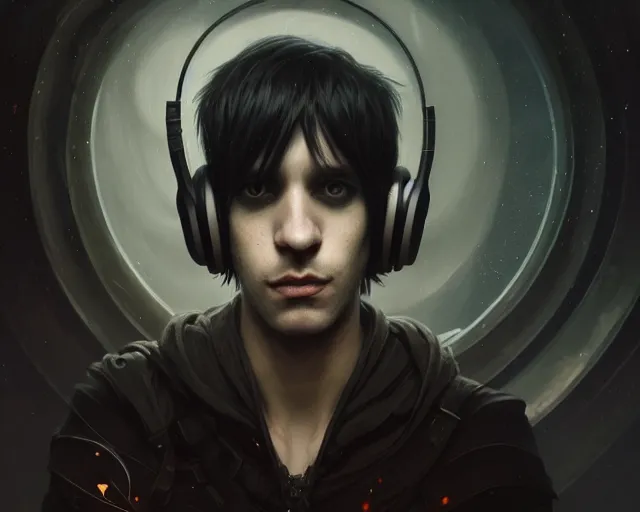 Image similar to a 4 k cinematic screenshot still portrait of a emo in a dark liminal space room listening to music wearing headphones, deep focus, d & d, fantasy, intricate, elegant, highly detailed, digital painting, artstation, concept art, matte, sharp focus, illustration, dark fantasy style art, hearthstone, art by artgerm and greg rutkowski and alphonse mucha