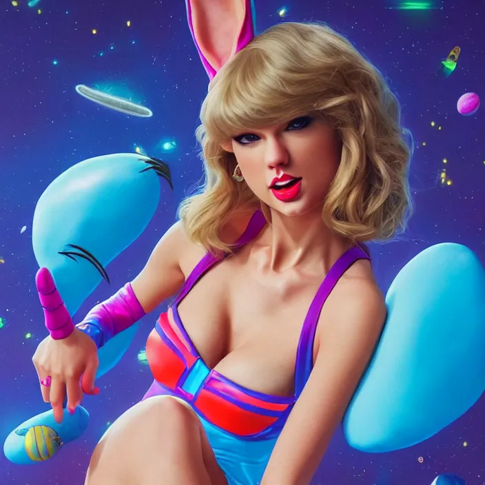 Image similar to portrait of Taylor Swift as Lola Bunny in Space Jam 1996. bunny ears. HD. intricate artwork. by Tooth Wu, wlop, beeple, dan mumford. octane render, trending on artstation, greg rutkowski very coherent symmetrical artwork. cinematic, hyper realism, high detail, octane render, 8k, iridescent accents