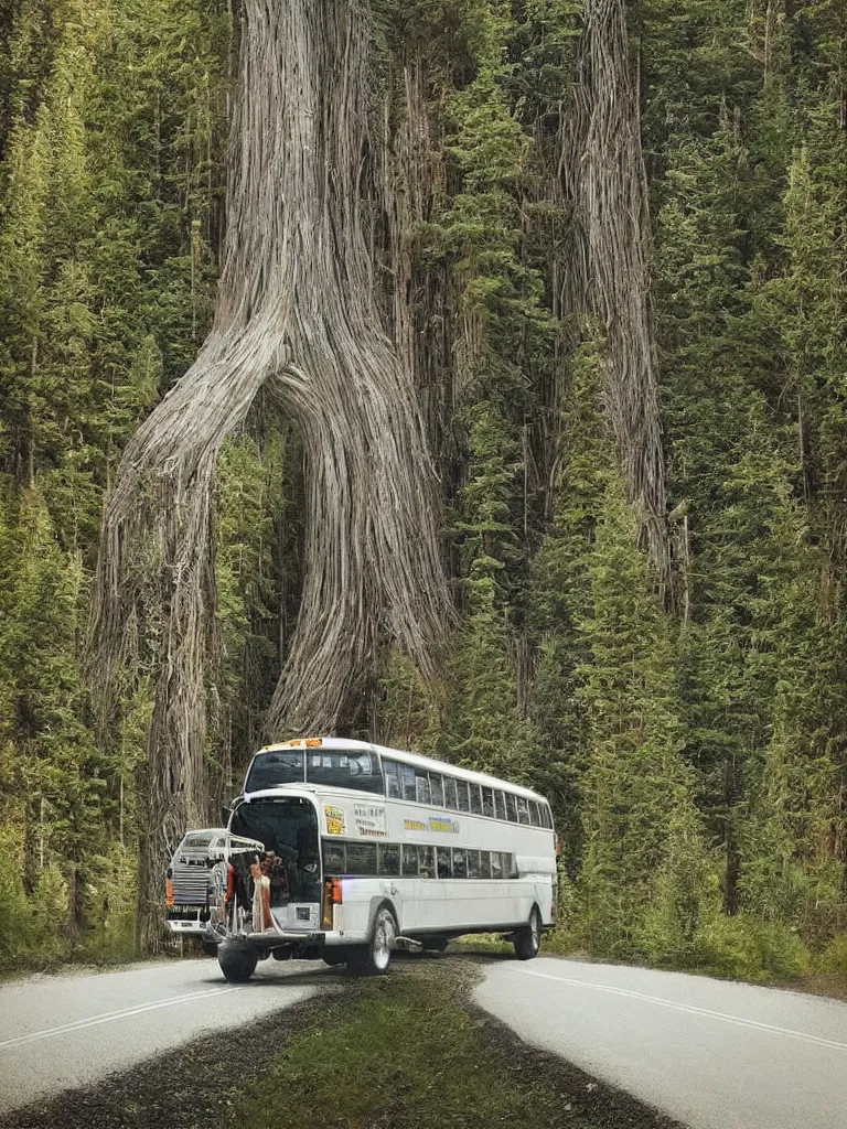 Image similar to a white school bus in the forest driving through a portal, hyper-detailed, digital art, artist Bev Dolittle