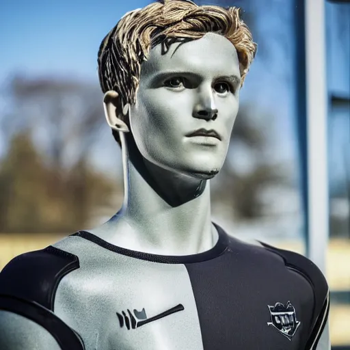 Image similar to a realistic detailed photo of a guy who is an attractive humanoid who is half robot and half humanoid, who is a male android, soccer player martin ødegaard, shiny skin, posing like a statue, blank stare, by the pool, on display, showing off his muscles, humanoid robot, frozen ice statue