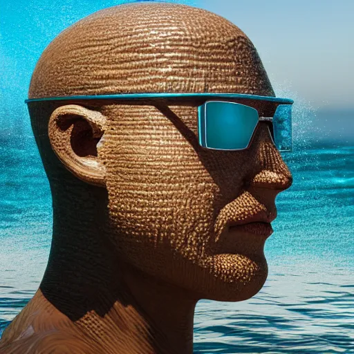 Image similar to a giant aqua sculpture of a human head on the ocean water, cinematic, in the style of chad knight, long shot, hyper detailed, hyper realistic, ray tracing, 8 k resolution, sharp focus, realistic water, award winning