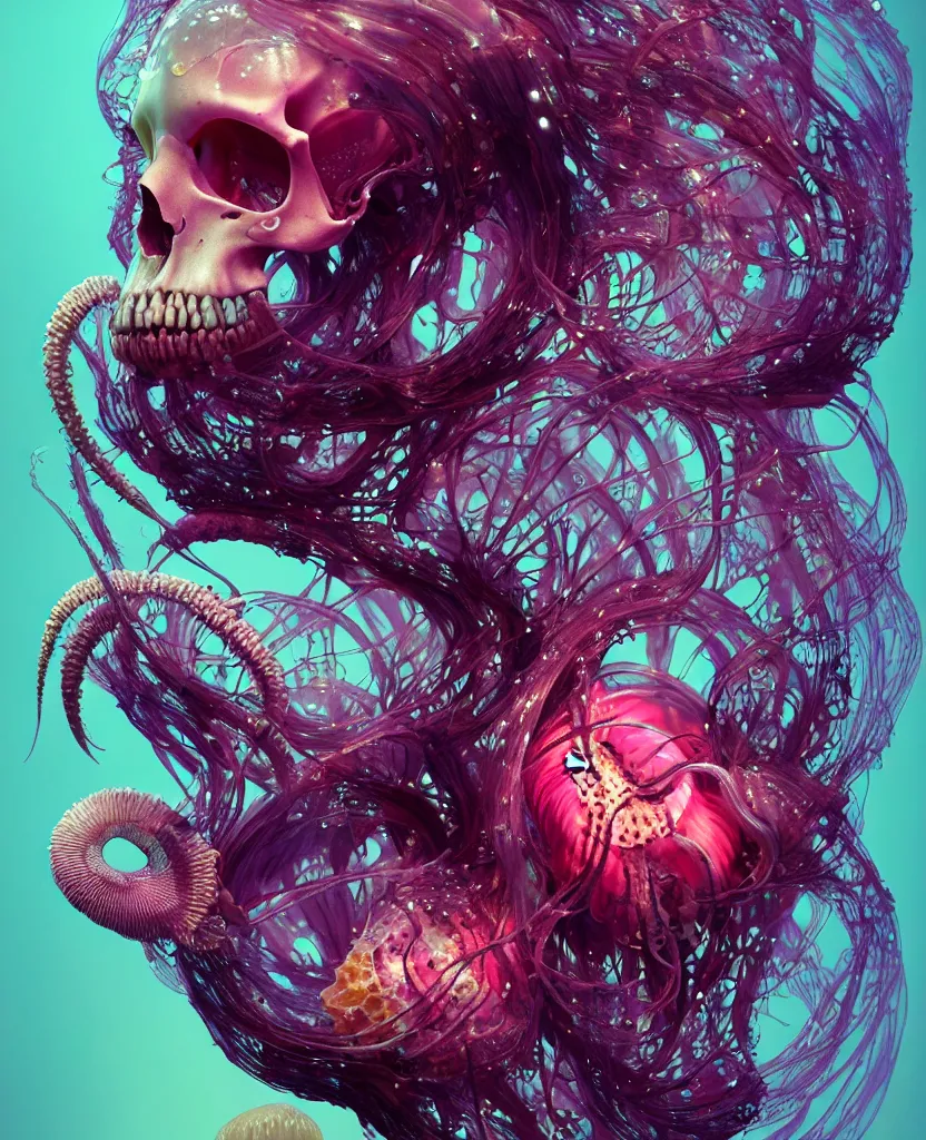 Image similar to goddess close-up portrait animal skull. jellyfish phoenix head, nautilus, orchid, skull, betta fish, bioluminiscent creatures, intricate artwork by Tooth Wu and wlop and beeple. octane render, trending on artstation, greg rutkowski very coherent symmetrical artwork. cinematic, hyper realism, high detail, octane render, 8k