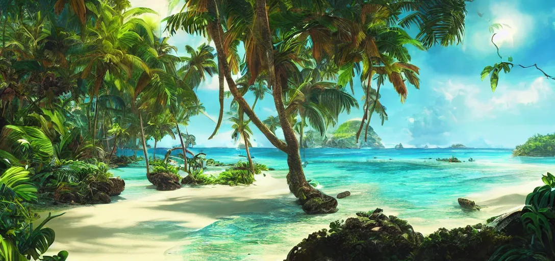 Image similar to beautiful tropical island beach, lush vegetation, white sand beach, tropic plants and flowers, clear water, dramatic lighting, cinematic, establishing shot, extremely high detail, foto realistic, cinematic lighting, post processed, concept art, artstation, matte painting, style by eddie mendoza, raphael lacoste, alex ross