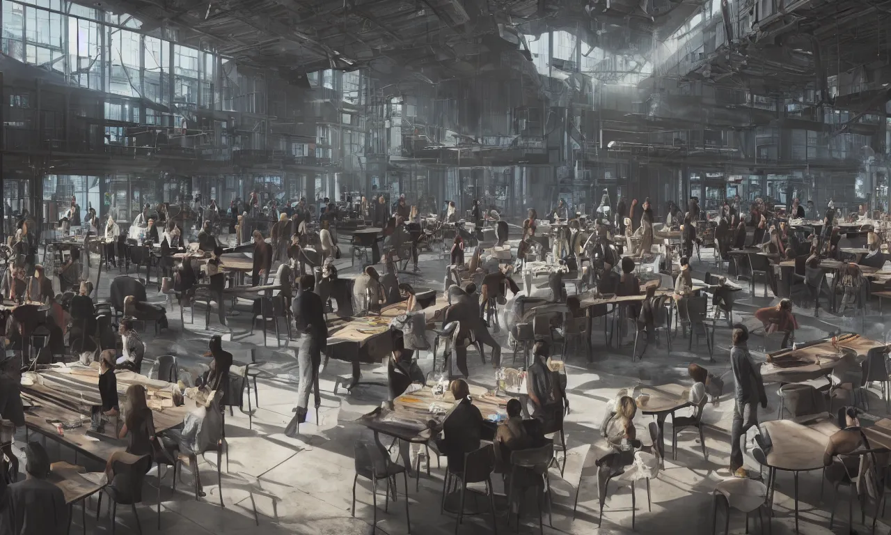 Image similar to cinematic concept, located in empty industrial warehouse with sunlight streaming through the windows, a large table in the middle of the frame that takes up a lot of space, a group of people standing around the table, on top of the table is a large hologram of a city futuristic city, some people are wearing virtual reality headsets in the foreground