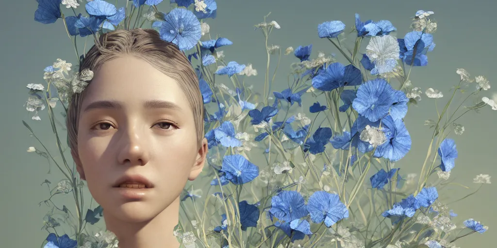 Image similar to goddess of nemophila flowers portrait, amalgamation of leaves and flowers, orthodox saint, beautiful raking sunlight, nemophila flowers. intricate artwork by Hsiao-Ron Cheng. octane render, trending on artstation, greg rutkowski. cinematic, hyper realism, high detail, octane render, 8k