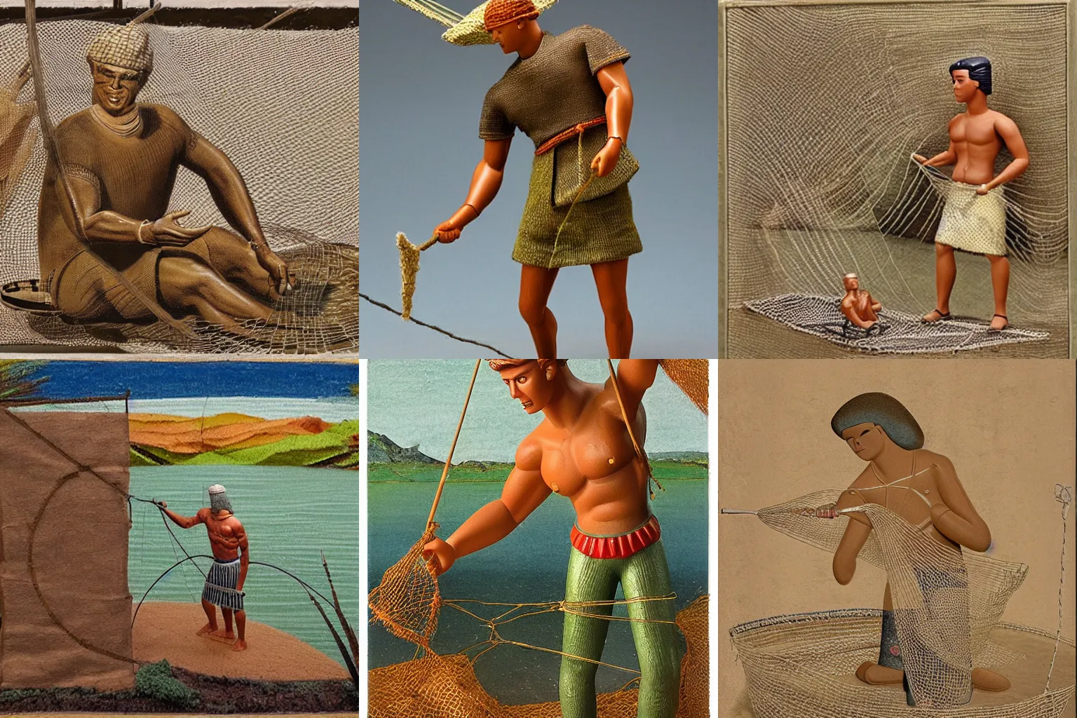 Prompt: ken doll, art of a fisherman, making a net by a lake, art in the style of Mesopotamia 3500 BCE