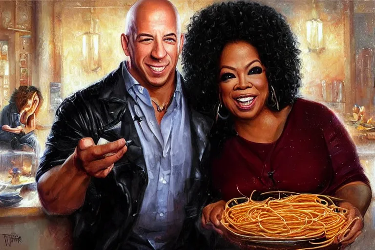 Image similar to portrait of vin diesel and oprah winfrey sharing spaghetti, an oil painting by ross tran and thomas kincade