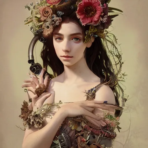 Image similar to baroque portrait of a steampunk bohemian nature nymph in a simple dress with floral decoration, cinematic lighting, photorealistic, octane render, 8 k, depth of field, 3 d, art by artgerm and greg rutkowski and alphonse mucha and uang guangjian