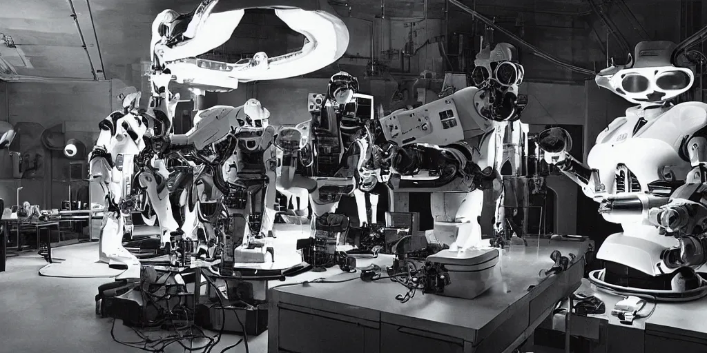 Image similar to a futuristic film studio with robot technicians preparing a scene by stanley kubrick, sci - fi, color vibe, reimagined by industrial light and magic