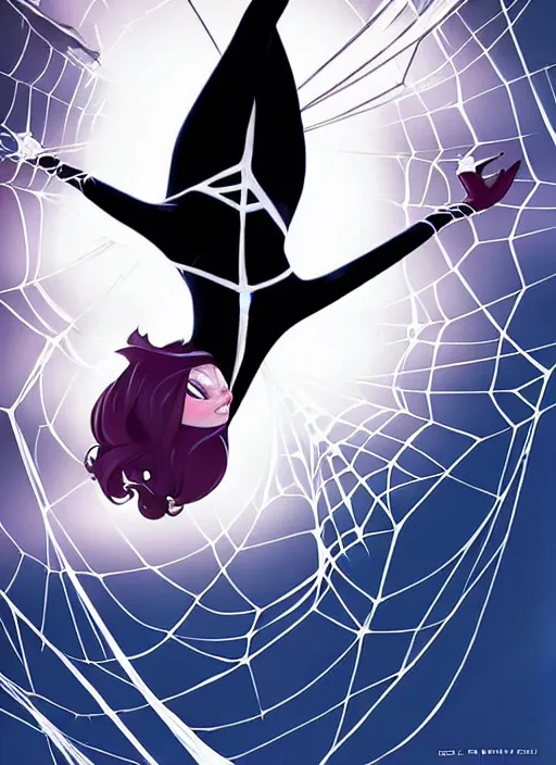Image similar to Rafeal Albuquerque comic art, Joshua Middleton comic art, cinematics lighting, pretty female Emma Stone as Spider Gwen, Marvel comics, hanging from white web, playful smirk, symmetrical face, symmetrical eyes, full body, flying in the air, city in background