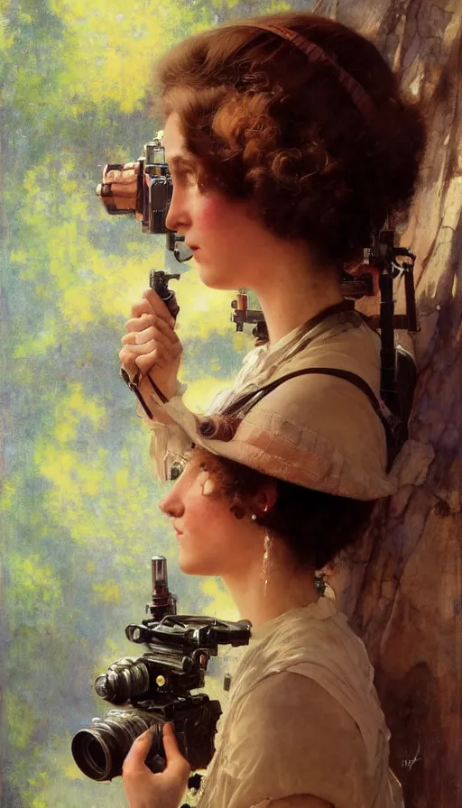 Image similar to hyper realistic photographer looking through camera, magical, painted by james gurney, norman rockwell, tom bagshaw, mucha, gaston bussiere, craig mullins, j. c. leyendecker 8 k